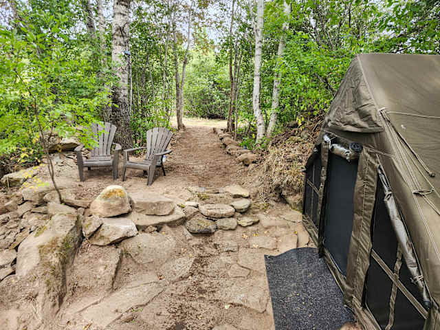 Two Adirondack chairs on a dirt path leading toward a canvas tent among birch trees