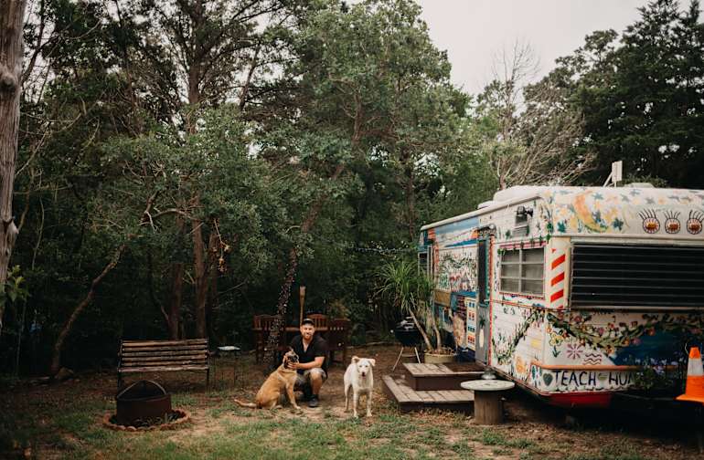 Camping Near Austin Best Campgrounds Hipcamp Enjoying Time With Some Of The Dogs On Property Outside Trailer There Is