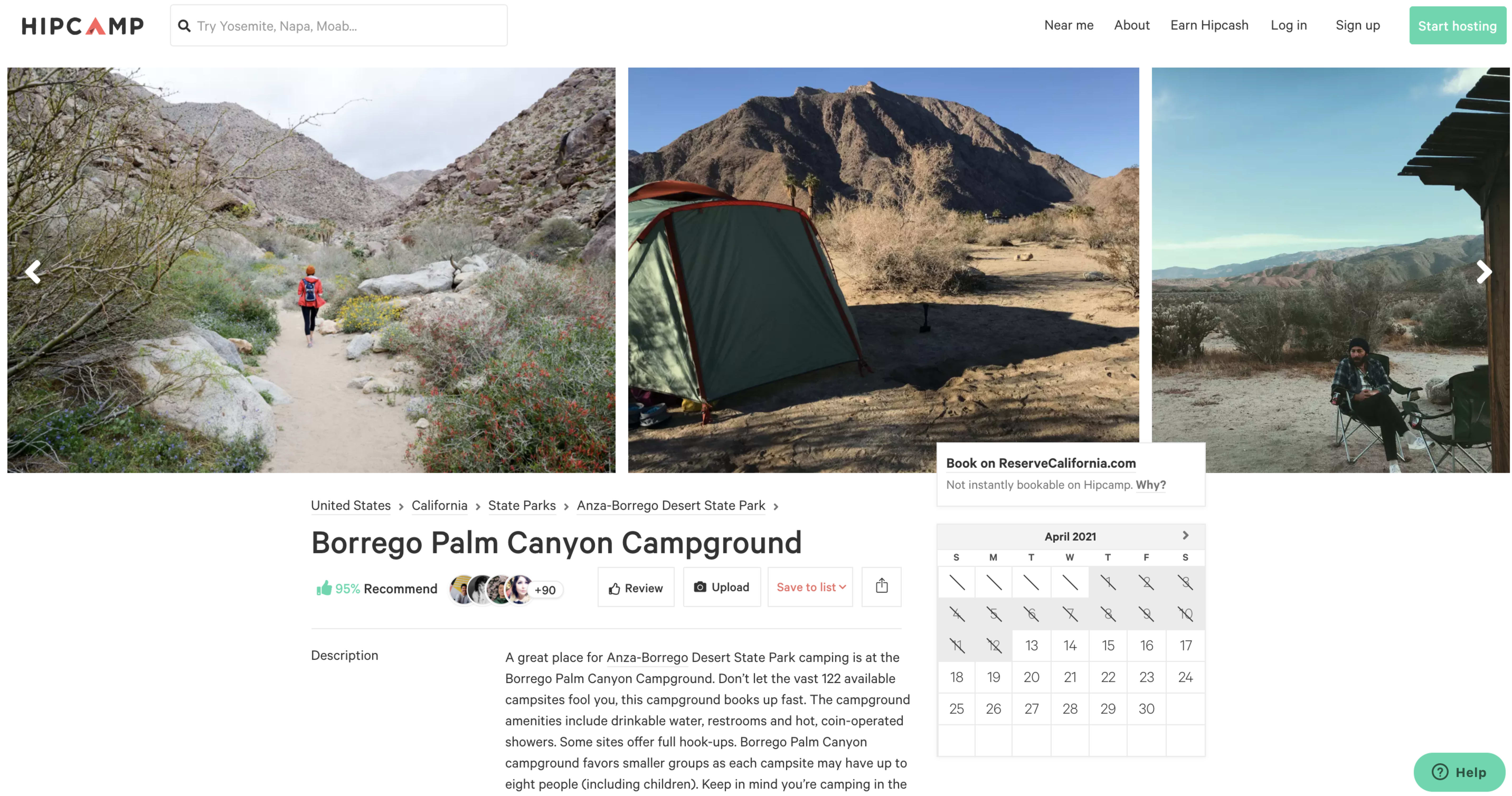 California State Parks availability on Hipcamp